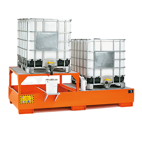 Orange painted steel IBC bunded pallets. Best seller.