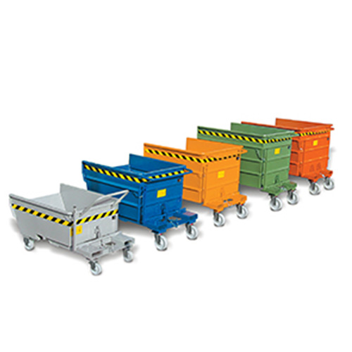 Tipping skips - multipurpose container line: grey, blue, yellow, green and orange containers aligned. Best sellers.