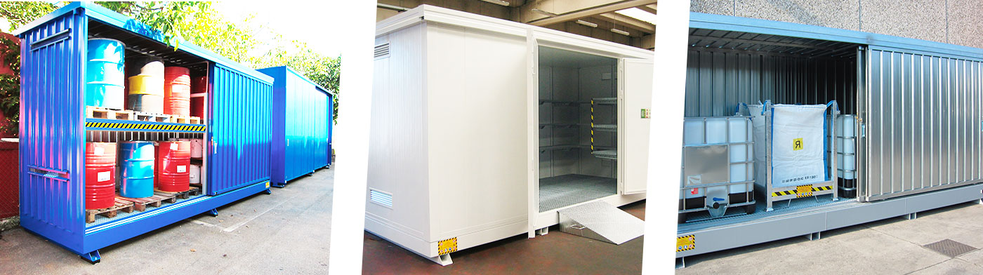Modul container per lo stoccaggio di fusti e cisterne contenenti sostanze inquinanti e pericolose